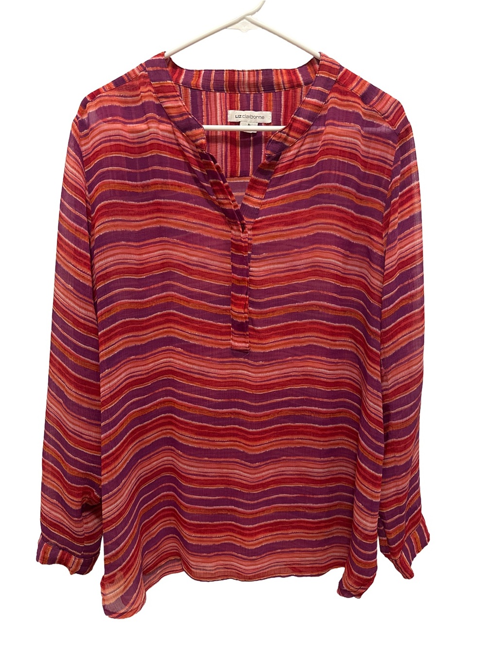 Liz Claiborne Pink, Purple & Orange Boho Sheer Striped V-Neck Tunic